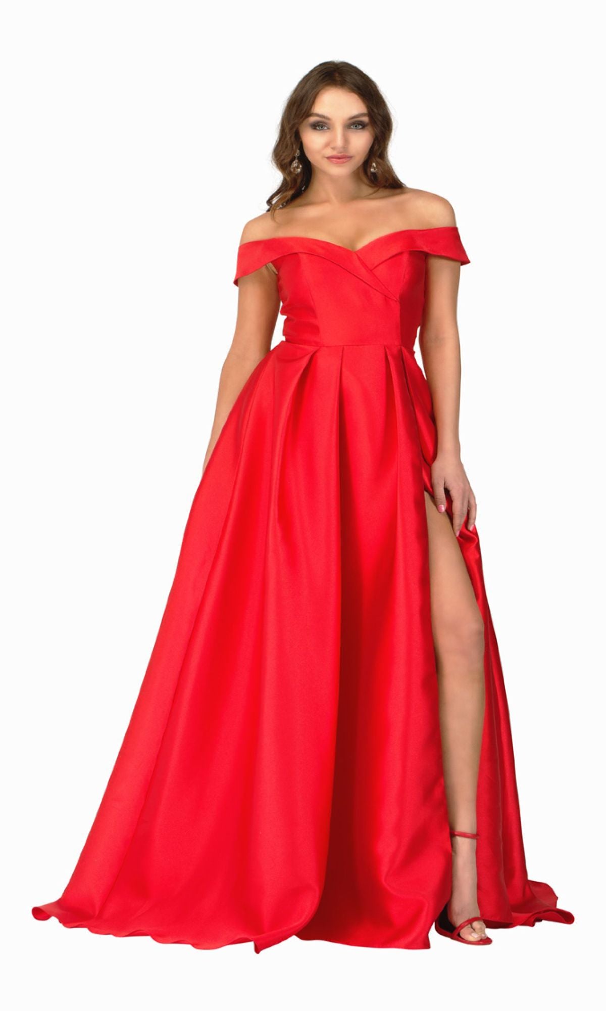 A woman stands gracefully, looking at the camera in the Classic Mikado Prom Ball Gown: Abby Paris 90023—a floor-length red off-the-shoulder dress with a high slit.